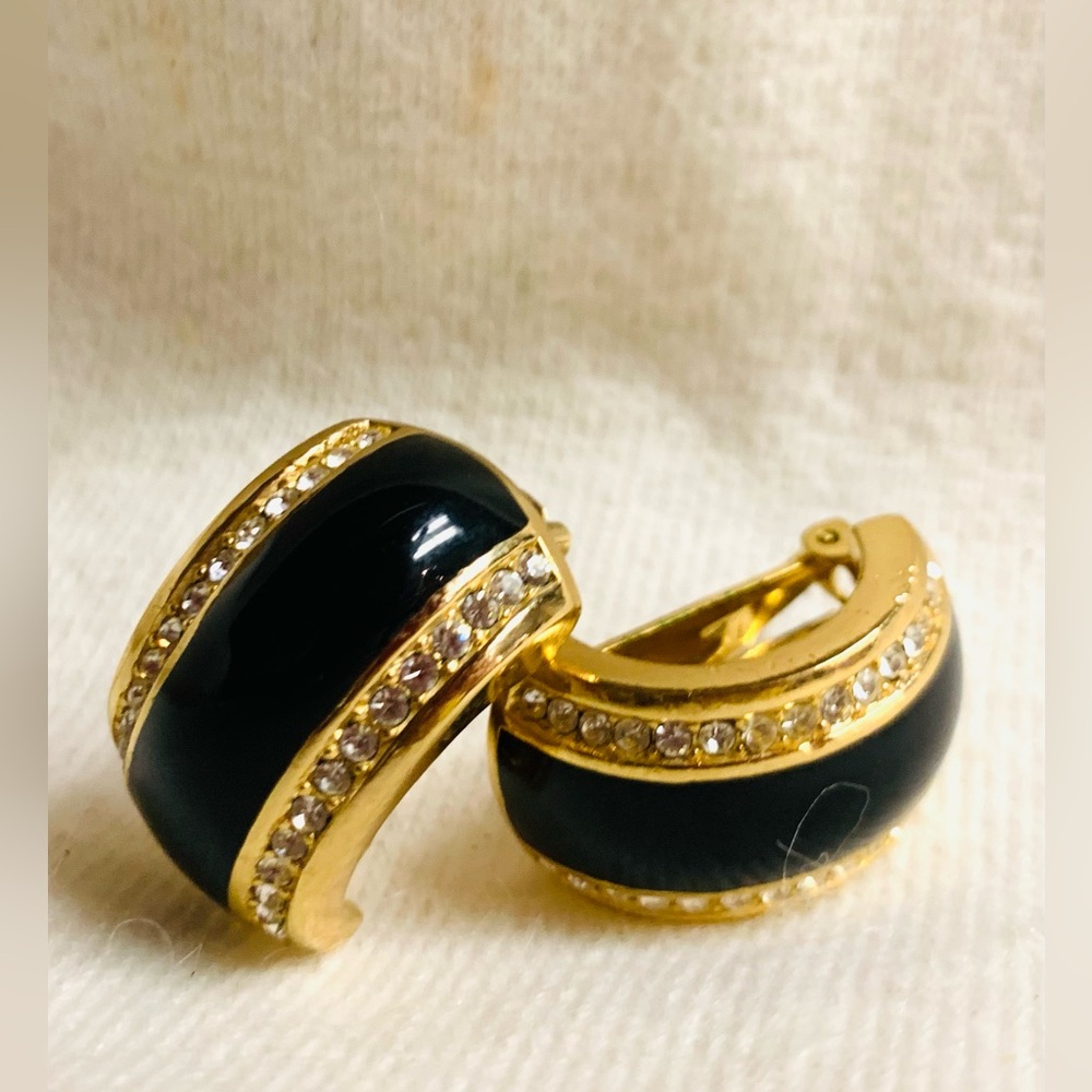 Christian Dior Rhinestone Vintage Earrings , Gold and Black